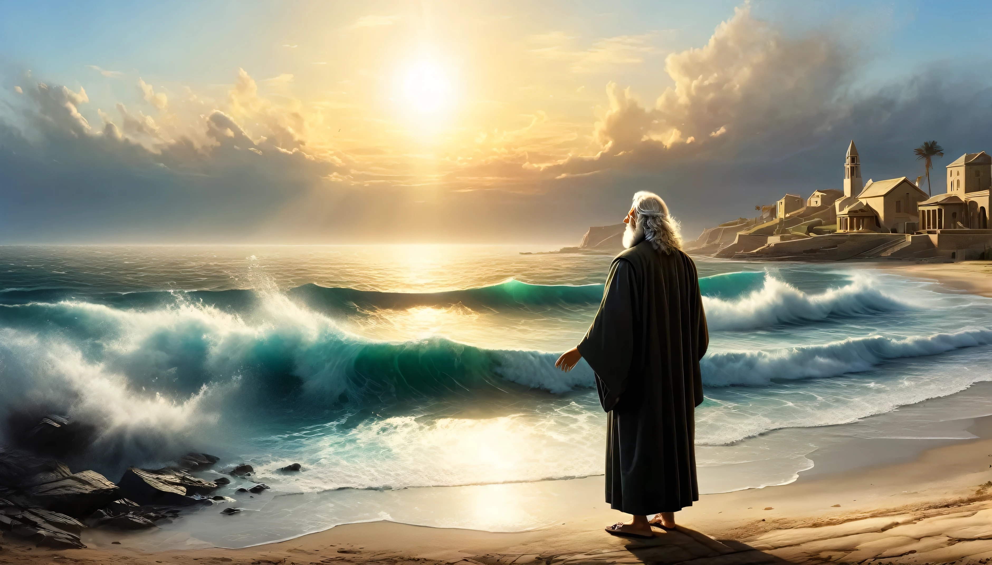 Setting: A serene, sunlit coastal area with a small, ancient town visible in the background, representing Nineveh. Subject: Jonah, standing on the shore, depicted as a contemplative figure with simple robes. Above him, a divine light or ethereal figure representing God is pointing towards Nineveh. Jonah’s expression is conflicted, torn between obedience and fear. Atmosphere: Reflective and spiritual, with a warm light illuminating Jonah and contrasting with the dark, foreboding sea in the distance, symbolizing his upcoming struggle.


