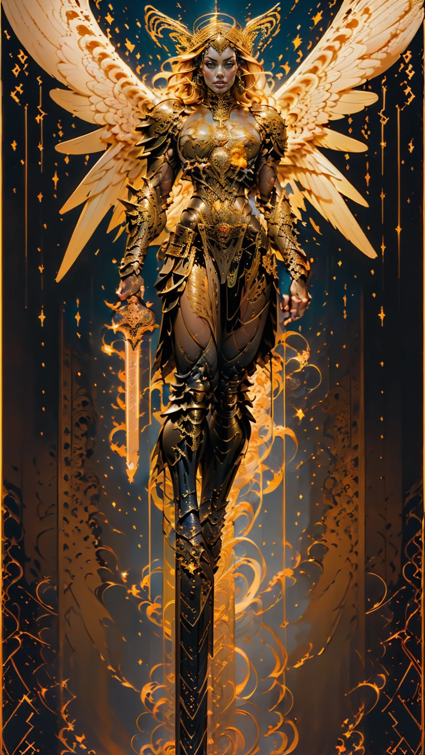 (cara delevingne), ((((((1 muscular angel girl)))))), (((huge upper body))), long hair, ((((huge angelic wings))), (((intricate ornate angelic full body armor))), ((((full body front view)))), (((perfect hands, perfect fingers))), (((tarot style background)))