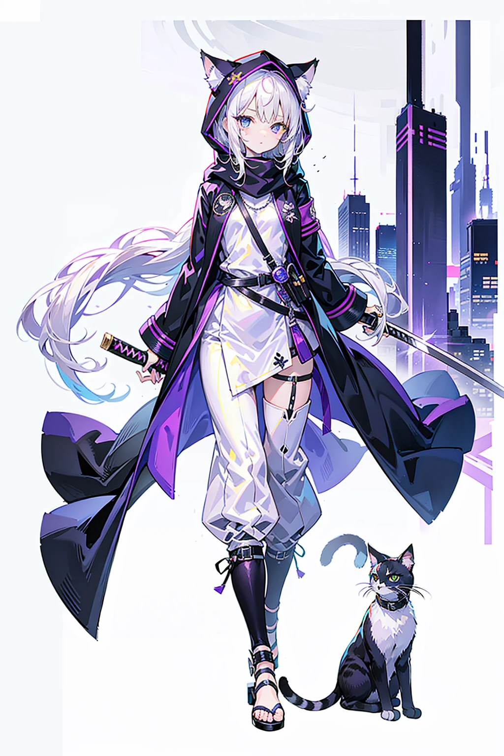 1 Girl，solo，(Loli image)，（（（white hair））），（The flattest），Delicate face and beautiful eyes，Fine hair，A particularly long strand of side hair)，(Cat ear hood)，One eye is covered by a hood，scarf，(White background 1：：5)，standing painting style，((Full Body Love))，（Delicate eyes），Leg strap，Purple and Black Cyberpunk Jacket，trousers，katana sword，lightning background