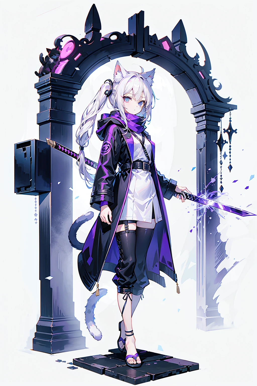 1 Girl，solo，(Loli image)，（（（white hair））），（The flattest），Delicate face and beautiful eyes，Fine hair，A particularly long strand of side hair)，(Cat ear hood)，One eye is covered by a hood，scarf，(White background 1：：5)，standing painting style，((Full Body Love))，（Delicate eyes），Leg strap，Purple and Black Cyberpunk Jacket，trousers，katana sword，lightning background