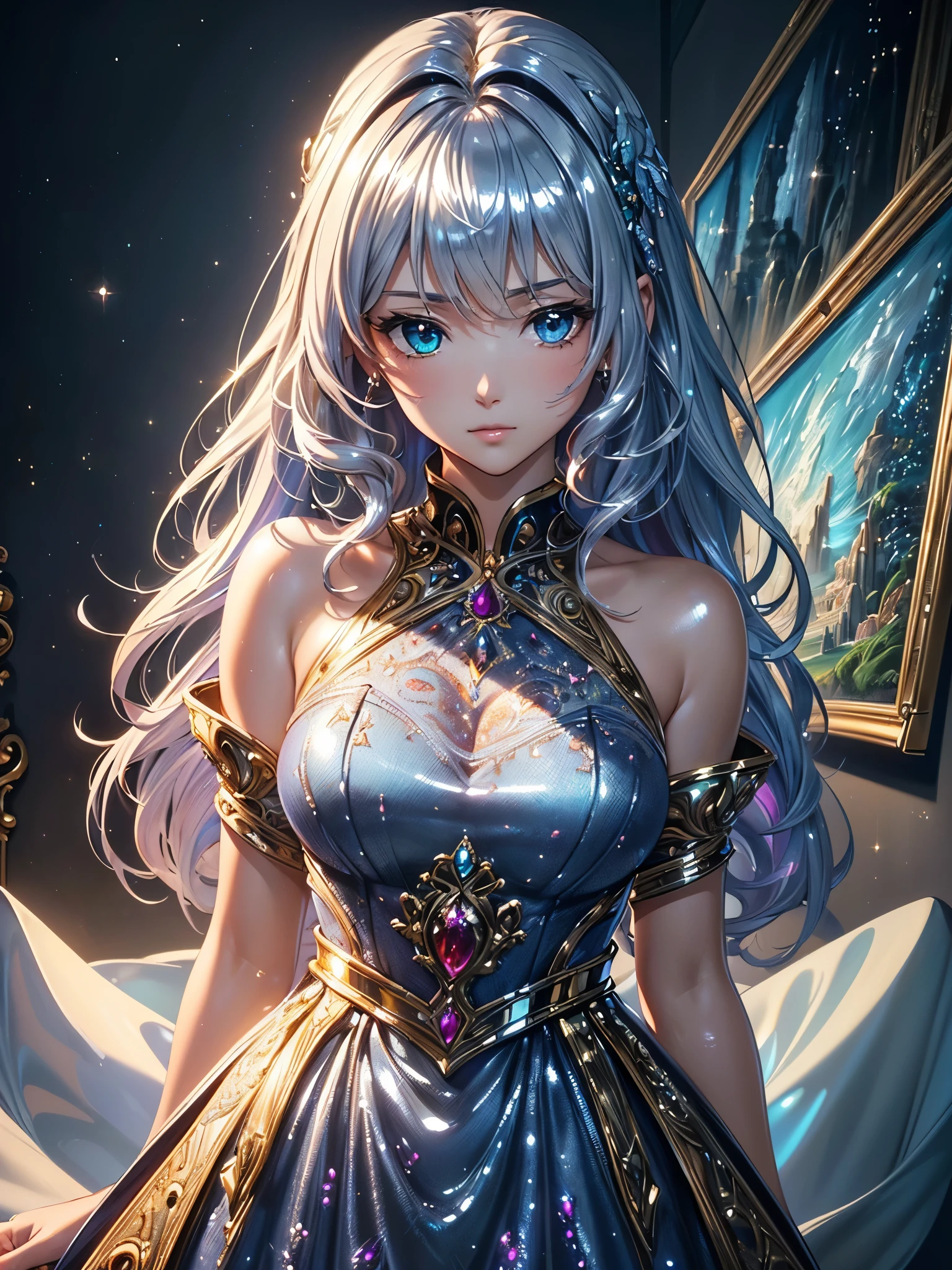 ((Highest quality)),(Ultra-high resolution),(Very detailed),(Detailed Description),((The best CG)),(A masterpiece),Ultra-detailed art,Amazing painting art,(Art with precise detail:1.5), (Shiny Hair:1.7),gem:1.3, sparkle:1.3, darkness:1.6, Light:1.7