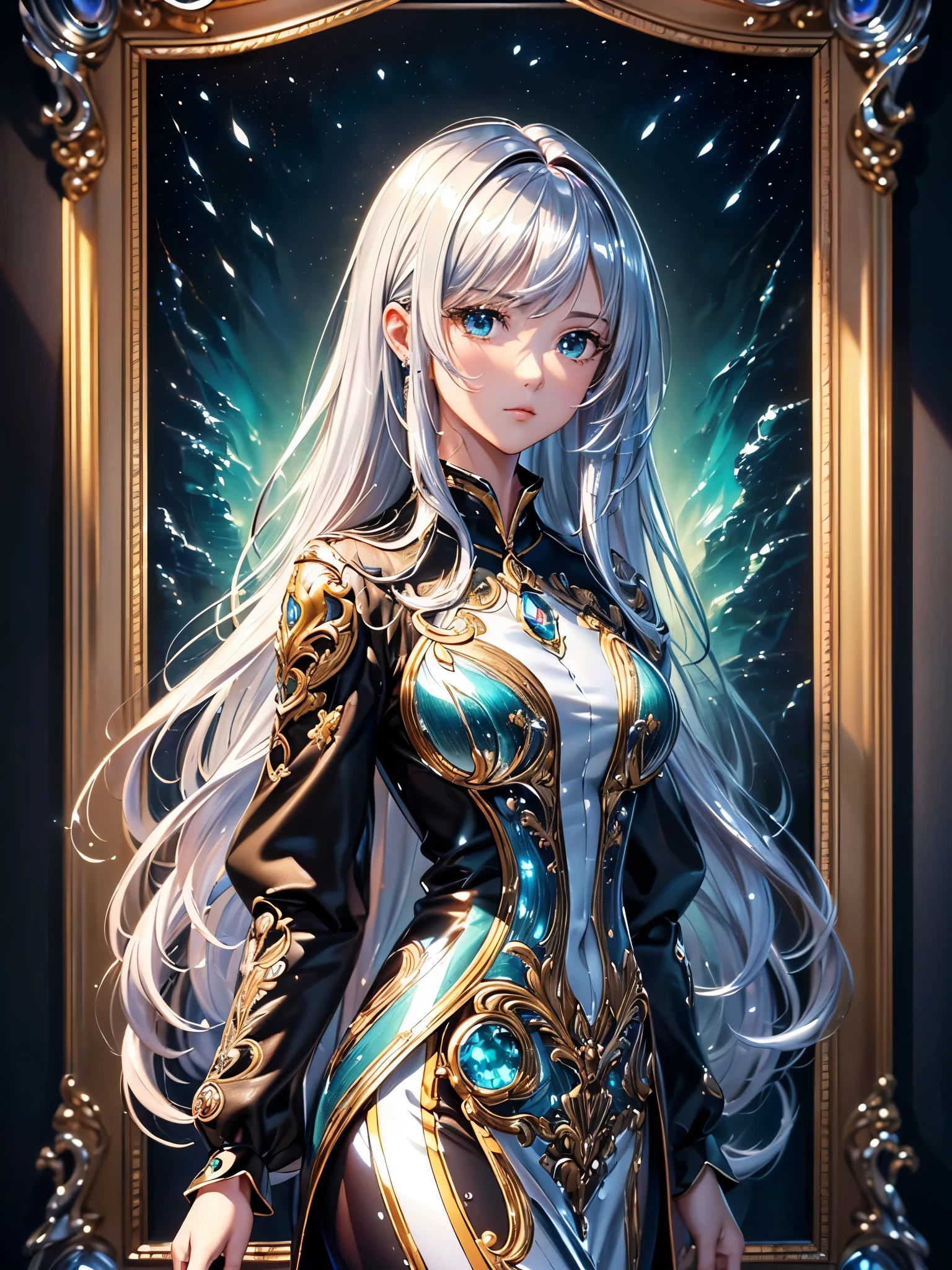 ((Highest quality)),(Ultra-high resolution),(Very detailed),(Detailed Description),((The best CG)),(A masterpiece),Ultra-detailed art,Amazing painting art,(Art with precise detail:1.5), (Shiny Hair:1.7),gem:1.3, sparkle:1.3, darkness:1.6, Light:1.7