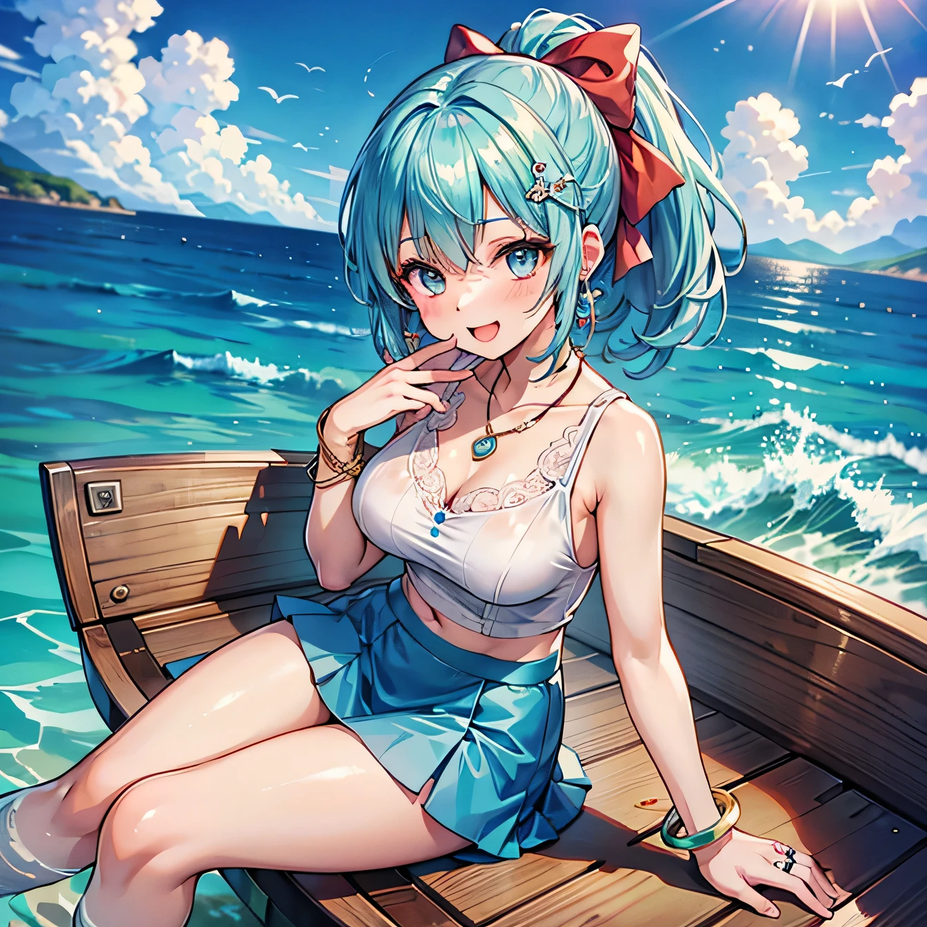 Anime Moe Art Style,Highest quality,High resolution,Anatomically correct,One Girl,Mid-teens,A girl with light blue hair in a ponytail,Super detailed,Fantasy World,Sleeveless blouse,mini skirt,Big Breasts,Shiny skin,Beautiful Skin,A rich expression,Laughing with your mouth open,Ocean,sit on the bow of a boat.Daytime,Fish out,Eyes drawn in detail,hair ornaments,necklace,bracelet,ring,8K