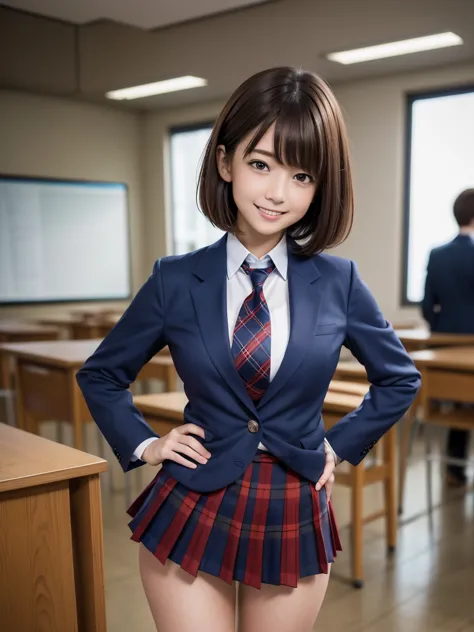 (8K, RAW Photos, Highest quality), Stand in the classroom of school, (((((((One woman))))))), ((Brown Hair)), ((Short Bob Hair))...
