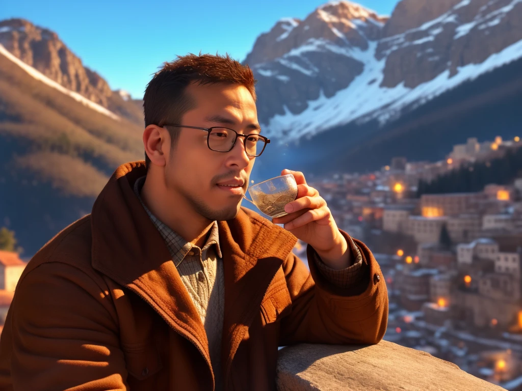 An award-winning original photo，a handsome 38-year-old man, crew cut, (((full body))), (((landscape))), mature man, [slightly fat], asian man, brown eyes, rounded face, glasses, slightly balding, 1boy, Solo, (big shoulders), (((stubbles, Short beard))), (((full beard))), (Beautiful eyes:1.3), (Detailed face:1.3), wearing glasses, Dynamic Angle, volumetric lighting, (Best quality, A high resolution, Photorealistic), Cinematic lighting, Masterpiece, RAW photo, Intricate details, (extremely detailed 8k wallpaper), masterpiece 16k photo, an European ancient town, very old men and women drinking tea, snow over the mountain far away, 3D, high quality image