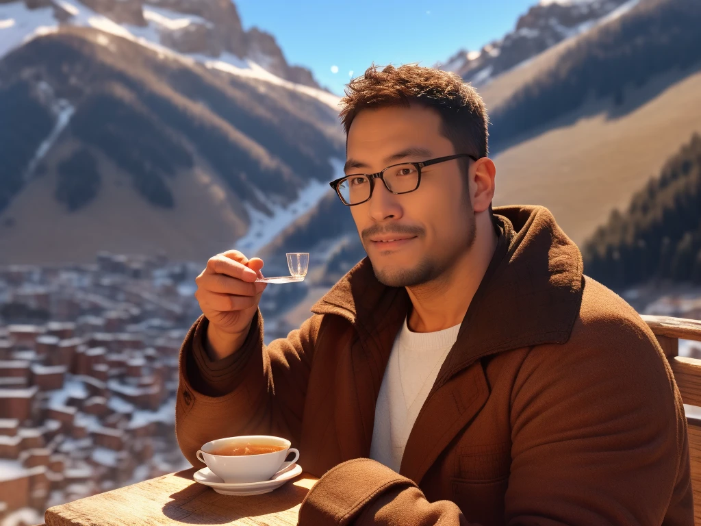 An award-winning original photo，a handsome 38-year-old man, crew cut, (((full body))), (((landscape))), mature man, [slightly fat], asian man, brown eyes, rounded face, glasses, slightly balding, 1boy, Solo, (big shoulders), (((stubbles, Short beard))), (((full beard))), (Beautiful eyes:1.3), (Detailed face:1.3), wearing glasses, Dynamic Angle, volumetric lighting, (Best quality, A high resolution, Photorealistic), Cinematic lighting, Masterpiece, RAW photo, Intricate details, (extremely detailed 8k wallpaper), masterpiece 16k photo, an European ancient town, very old men and women drinking tea, snow over the mountain far away, 3D, high quality image