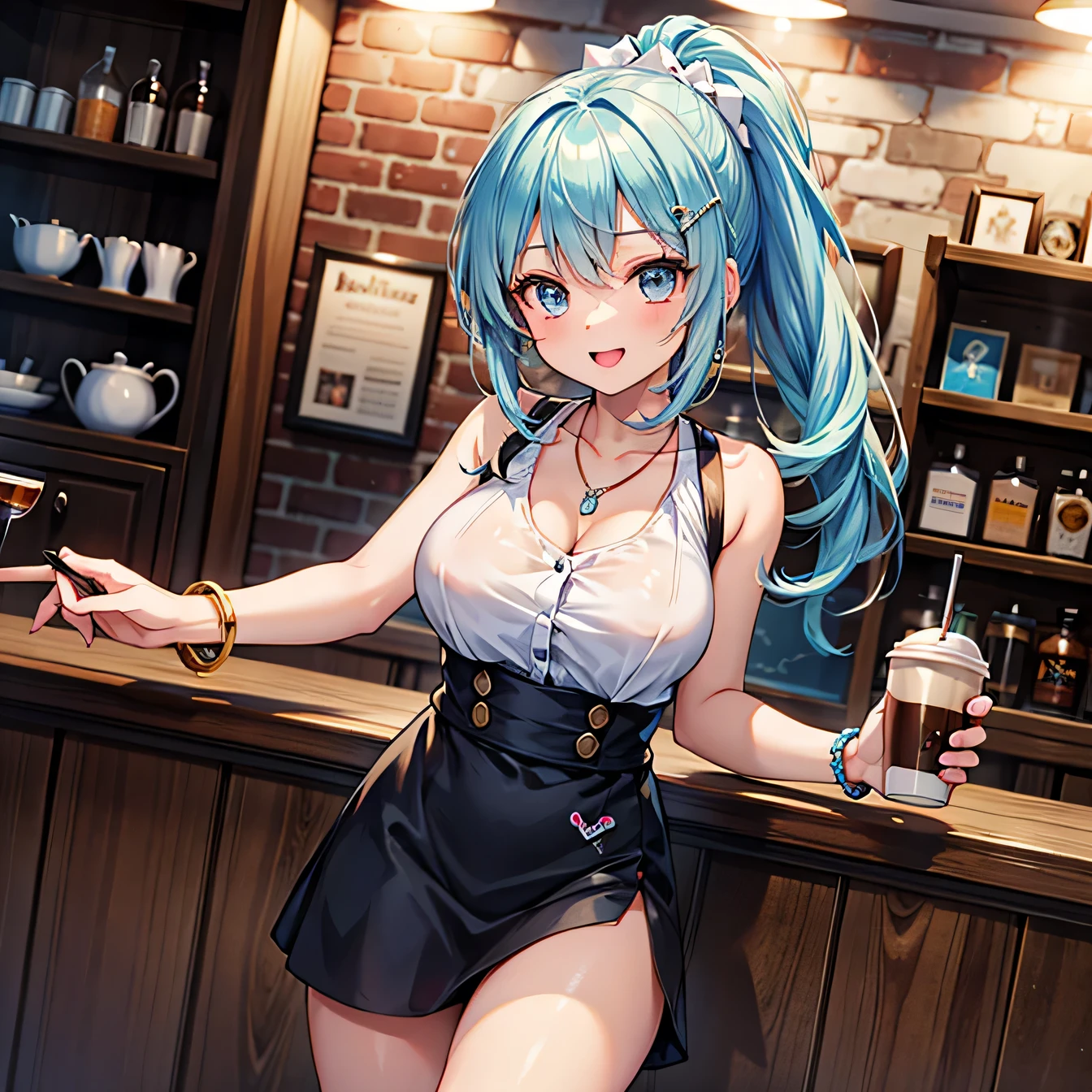 Anime Moe Art Style,Highest quality,High resolution,Anatomically correct,One Girl,Mid-teens,A girl with light blue hair in a ponytail,Super detailed,Fantasy World,Sleeveless blouse,mini skirt,Big Breasts,Shiny skin,Beautiful Skin,A rich expression,Laughing with your mouth open,Coffee shop,Waitress Uniform,Serving,Eyes drawn in detail,hair ornaments,necklace,bracelet,ring,8K