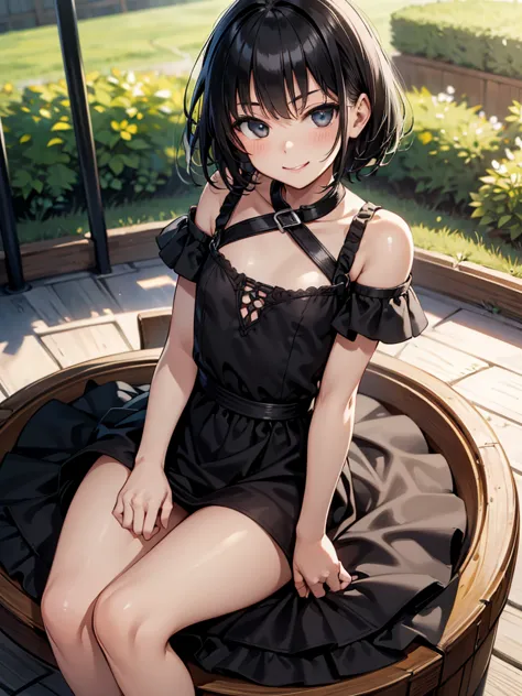 masterpiece, best quality, solo, (little girl), black hair, short hair, cowboy shot,
 seductive smile, sitting, crossed arms, bl...