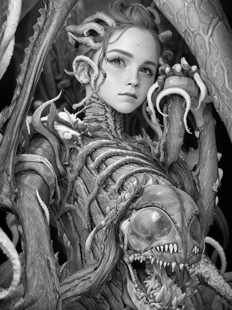 une fille détaillée et belle piégée dans un H.r. Relief xénomorphe de style Giger, son corps enlacé par (tentacules:1.3), Visage humain féminin émotionnel avec Emma Watson, squelette, pieuvre, crus, monstre, dents, horreur (Thème), relief de texture polie, fond noir, Monochromes