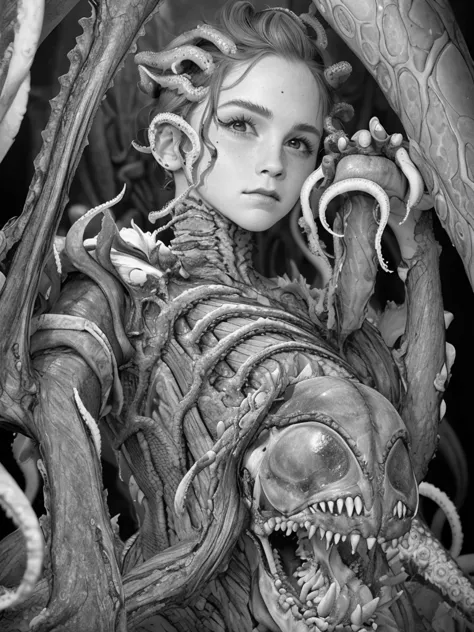 a detailed and beautiful girl trapped in an H.R. Giger style xenomorph relief, her body entwined by (tentacles:1.3), emotional f...