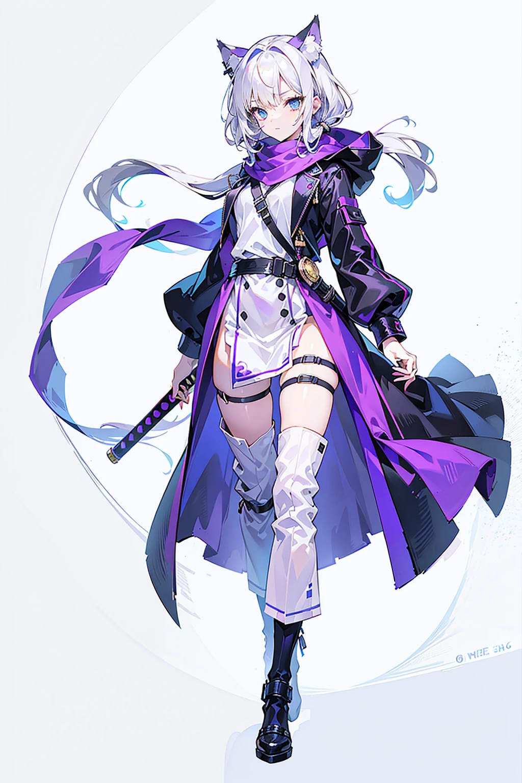 1 Girl，solo，(Loli image)，（（（white hair））），（The flattest），Delicate face and beautiful eyes，Fine hair，A particularly long strand of side hair)，(Cat ear hood)，One eye is covered by a hood，scarf，(White background 1：：5)，standing painting style，((Full Body Love))，（Delicate eyes），Leg strap，Purple and Black Cyberpunk Jacket，trousers，katana sword，lightning background