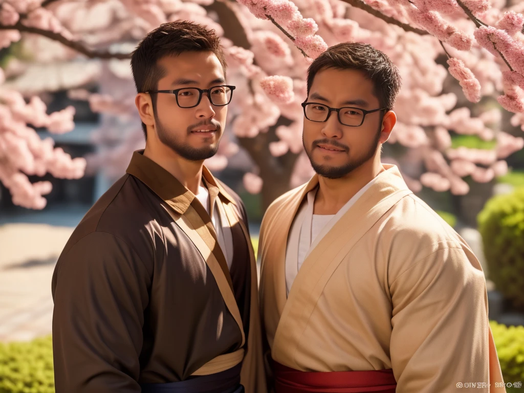 An award-winning original photo，a handsome 38-year-old man, crew cut, (((full body))), (((landscape))), mature man, [slightly fat], asian man, brown eyes, rounded face, glasses, slightly balding, 1boy, Solo, (big shoulders), (((stubbles, Short beard))), (((full beard))), (Beautiful eyes:1.3), (Detailed face:1.3), wearing glasses, Dynamic Angle, volumetric lighting, (Best quality, A high resolution, Photorealistic), Cinematic lighting, Masterpiece, RAW photo, Intricate details, (extremely detailed 8k wallpaper), masterpiece 16k photo, traditional kimono for man, sakura petals flow with the wind, raise the japanese wine cup under sakura tree, cheers,