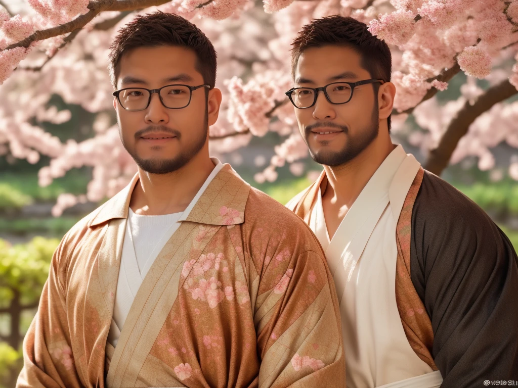 An award-winning original photo，a handsome 38-year-old man, crew cut, (((full body))), (((landscape))), mature man, [slightly fat], asian man, brown eyes, rounded face, glasses, slightly balding, 1boy, Solo, (big shoulders), (((stubbles, Short beard))), (((full beard))), (Beautiful eyes:1.3), (Detailed face:1.3), wearing glasses, Dynamic Angle, volumetric lighting, (Best quality, A high resolution, Photorealistic), Cinematic lighting, Masterpiece, RAW photo, Intricate details, (extremely detailed 8k wallpaper), masterpiece 16k photo, traditional kimono for man, sakura petals flow with the wind, raise the japanese wine cup under sakura tree, cheers,