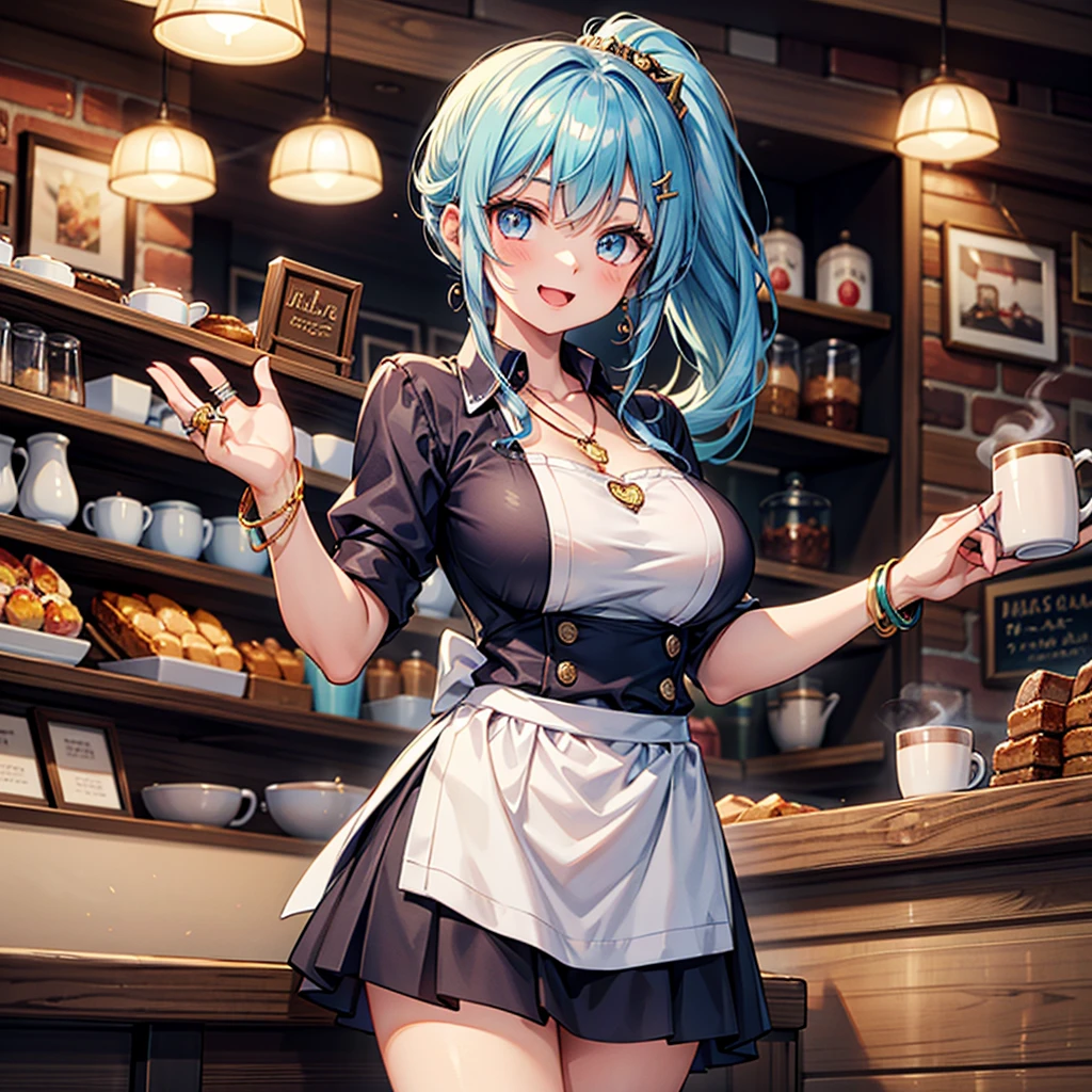 Anime Moe Art Style,Highest quality,High resolution,Anatomically correct,One Girl,Mid-teens,A girl with light blue hair in a ponytail,Super detailed,Fantasy World,Big Breasts,Shiny skin,Beautiful Skin,A rich expression,Laughing with your mouth open,Coffee shop,Waitress Uniform,Serving,Eyes drawn in detail,hair ornaments,necklace,bracelet,ring,8K