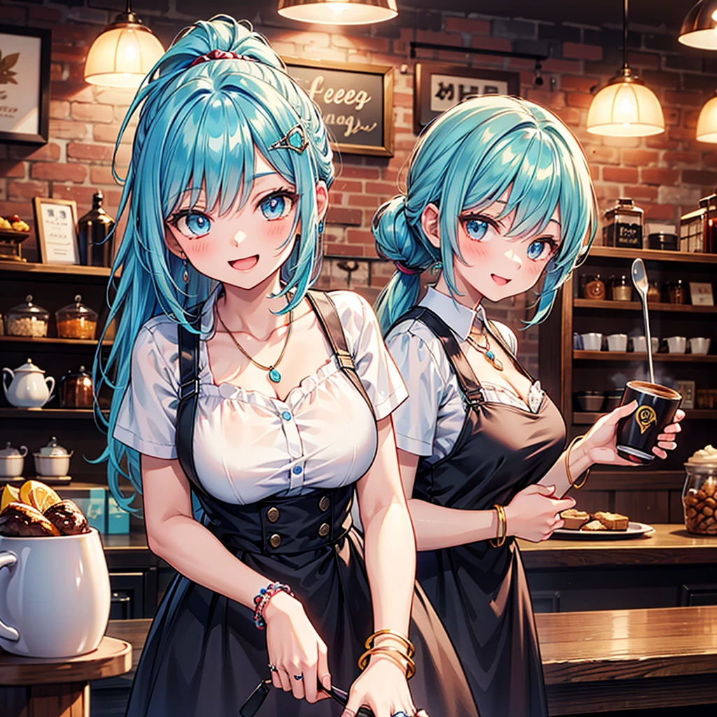 Anime Moe Art Style,Highest quality,High resolution,Anatomically correct,One Girl,Mid-teens,A girl with light blue hair in a ponytail,Super detailed,Fantasy World,Big Breasts,Shiny skin,Beautiful Skin,A rich expression,Laughing with your mouth open,Coffee shop,Waitress Uniform,Serving,Eyes drawn in detail,hair ornaments,necklace,bracelet,ring,8K