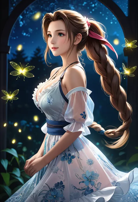 (((masterpiece))),((Highest quality)),Beautiful girl, Aerith, Sexy witch, bangs、(Long Hair, Braided ponytail:1.5)、(((huge firm b...