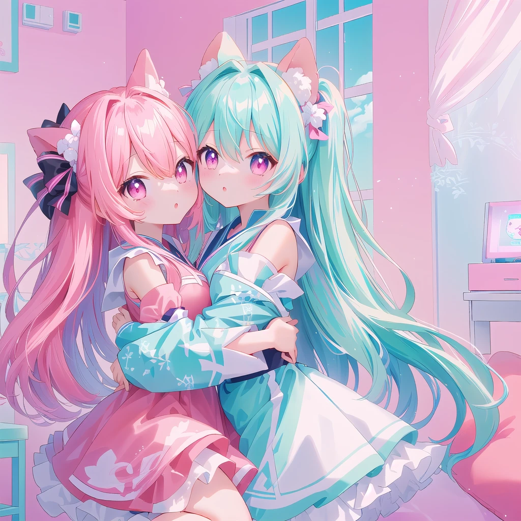 Anime girl hugging another girl in the room with pink background, Two beautiful anime girls, Anime style 4-color double tail hair and cyan eyes, Vermillion and Cyan, anime art wallpaper 8 k, Digital Art on pixiv, Double tail, Lovely art style, Cyan and Magenta, Anime Art Wallpaper 4K, Anime Art Wallpaper 4K