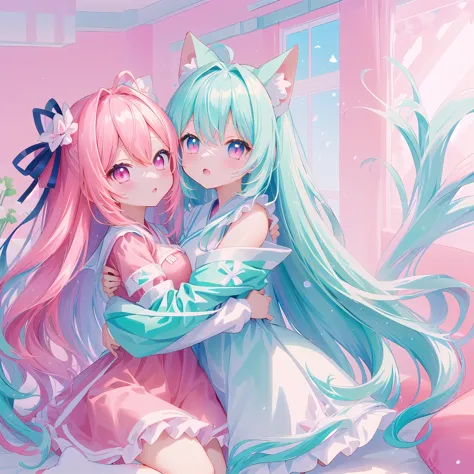 Anime girl hugging another girl in the room with pink background, Two beautiful anime girls, 动漫风格 4色Double tail头发和青色眼眸, Vermilli...