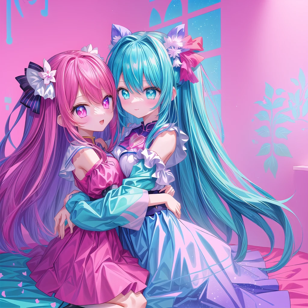 Anime girl hugging another girl in the room with pink background, Two beautiful anime girls, Anime style 4-color double tail hair and cyan eyes, Vermillion and Cyan, anime art wallpaper 8 k, Digital Art on pixiv, Double tail, Lovely art style, Cyan and Magenta, Anime Art Wallpaper 4K, Anime Art Wallpaper 4K