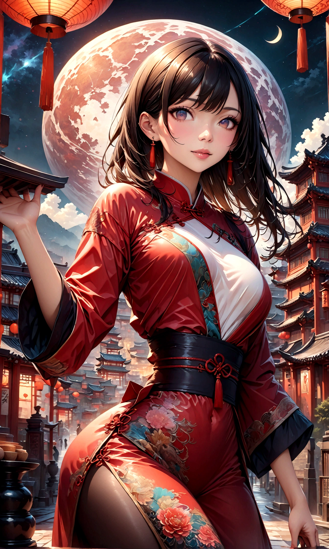 A fantastic view of Chinatown,The warm light of the red lantern,Modern and historic,Fantastic and dreamy landscape,Light,There is a woman in Chinese clothing in the landscape.,She is charming and beautiful、It&#39;s like a symbol of Shanghai at night.,Realistic skin texture,Photorealistic,BREAK,Gorgeously embroidered Chinese clothing,A masterpiece created by designers,The best configuration,Light and Dark,BREAK,,(masterpiece:1.3),(highest quality:1.4),(ultra detailed:1.5),High resolution,extremely detailed,unity 8k wallpaper,Intricate details,Wide range of colors,artwork,rendering,(masterpiece:1.3),(highest quality:1.4),(Super detailed:1.5),High resolution,Very detailed,unity 8k wallpaper,Draw artistic background,Absurd beauty,zentangle,A fantastic and beautiful night in Chinatown