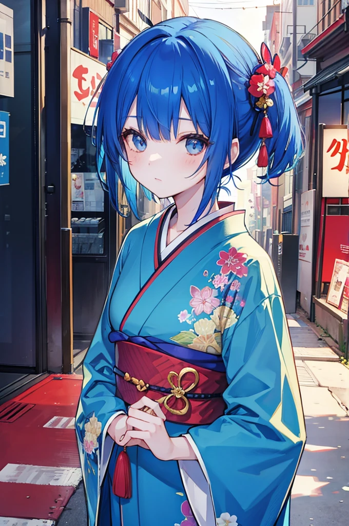 chica kimono、cabello azul corto