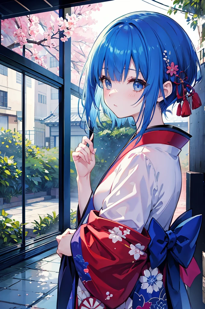Кимоно девушка、Синие волосы короткие