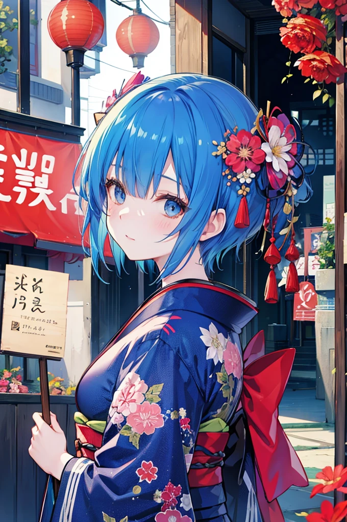 Garota quimono、Cabelo azul curto
