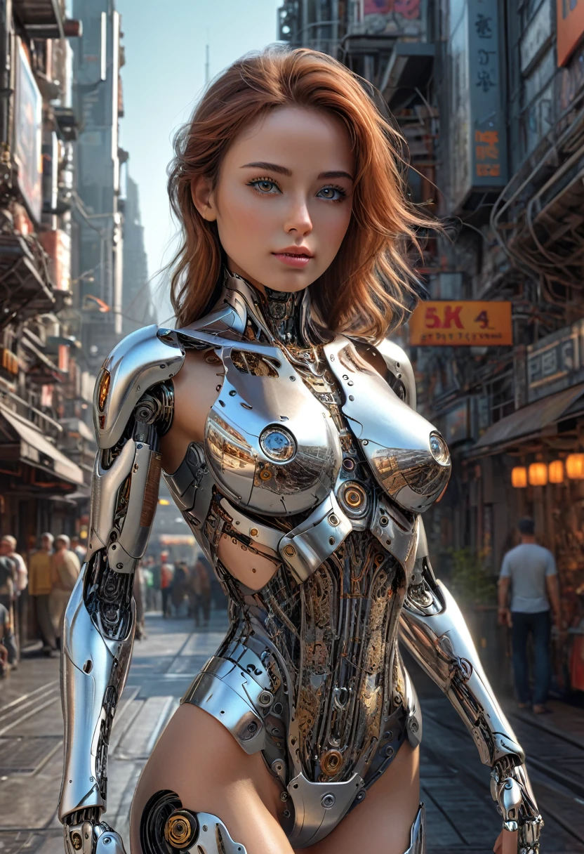 a beautiful woman-robot standing in a futuristic city backdrop, detailed intricate mechanical parts seamlessly blended with a slender, graceful humanoid form, magnificent anatomy and physique, 1/2 body crop, (best quality, 4k, 8k, highres, masterpiece:1.2), ultra-detailed,(realistic, photorealistic, photo-realistic:1.37), HDR, (intricate details:1.12), (intricate details, hyper-detailing:1.15), (natural skin textures, hyper realisitc, soft light, Sharp:1.2)