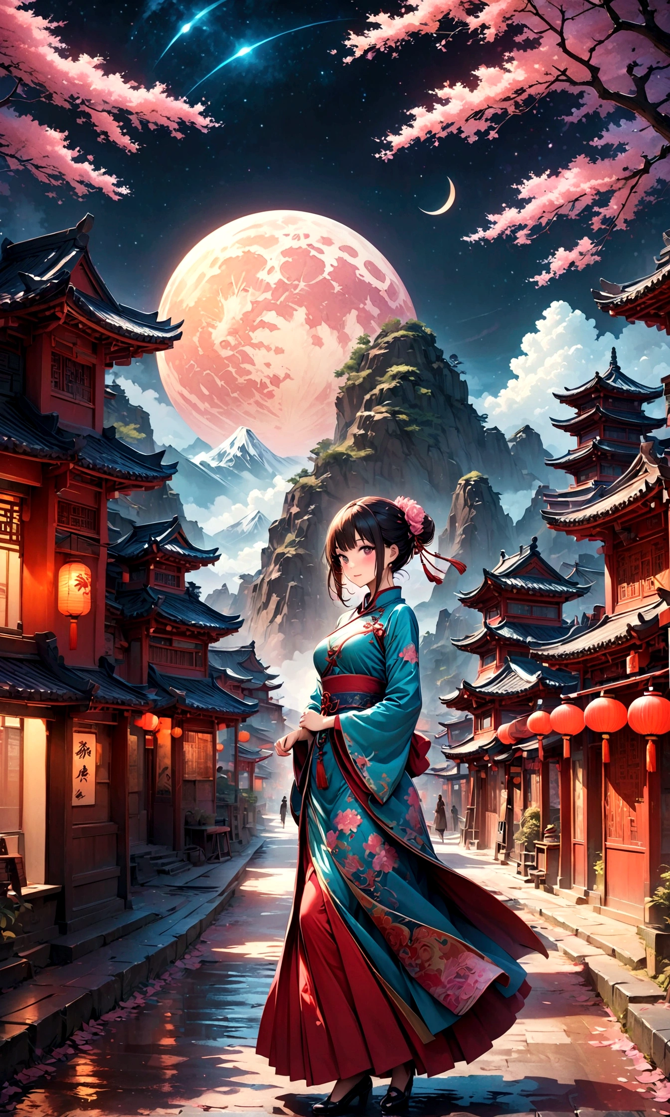 A fantastic view of Chinatown,The warm light of the red lantern,Modern and historic,Fantastic and dreamy landscape,Light,There is a woman in Chinese clothing in the landscape.,She is charming and beautiful、It&#39;s like a symbol of Shanghai night.,Realistic skin texture,Photorealistic,BREAK,Gorgeously embroidered Chinese clothing,A masterpiece created by designers,The best configuration,Light and Dark,BREAK,,(masterpiece:1.3),(highest quality:1.4),(ultra detailed:1.5),High resolution,extremely detailed,unity 8k wallpaper,Intricate details,Wide range of colors,artwork,rendering,(masterpiece:1.3),(highest quality:1.4),(Super detailed:1.5),High resolution,Very detailed,unity 8k wallpaper,Draw artistic background,Absurd beauty,zentangle,A fantastic and beautiful night in Chinatown,night,Beautiful Light and Shadow,Sparkling
