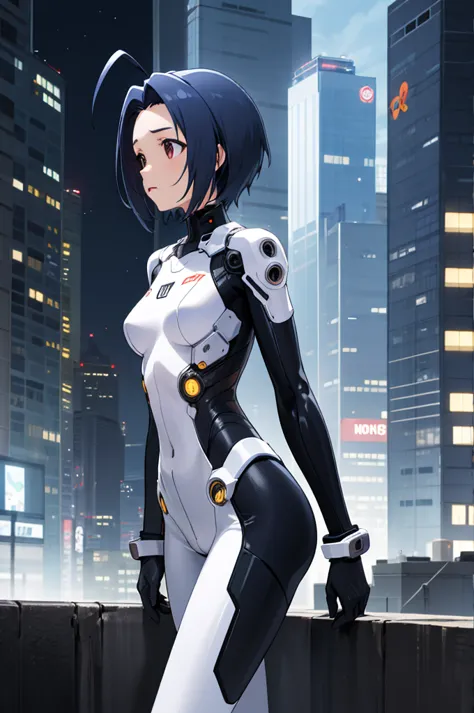 masterpiece, best quality, highres, aaazusa, short hair, ahoge, parted bangs, cyberpunk, bodysuit, gloves, standing, cowboy shot...