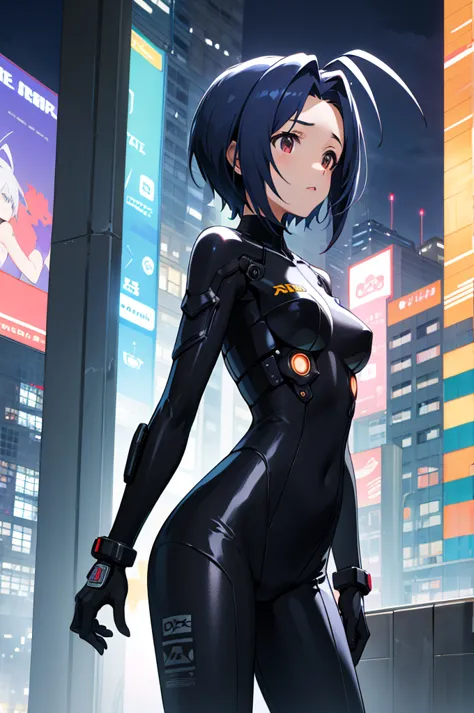 masterpiece, best quality, highres, aaazusa, short hair, ahoge, parted bangs, cyberpunk, bodysuit, gloves, standing, cowboy shot...