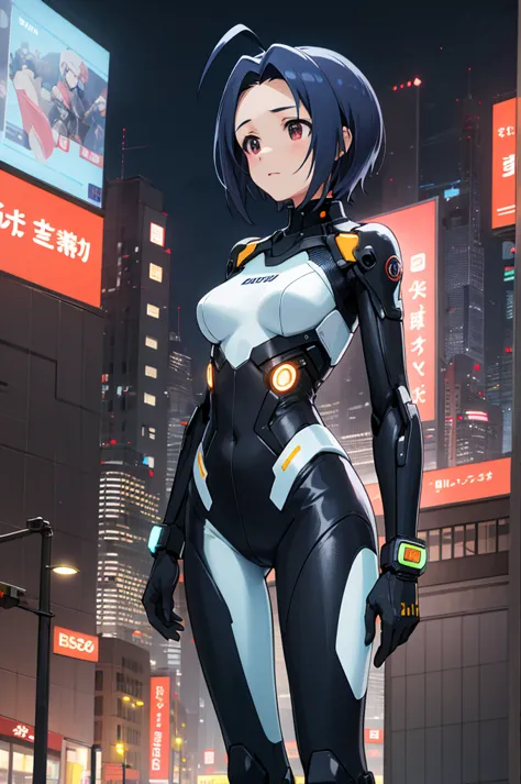 masterpiece, best quality, highres, aaazusa, short hair, ahoge, parted bangs, cyberpunk, bodysuit, gloves, standing, cowboy shot...