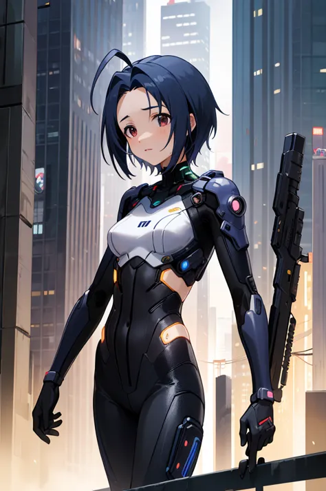 masterpiece, best quality, highres, aaazusa, short hair, ahoge, parted bangs, cyberpunk, bodysuit, gloves, standing, cowboy shot...