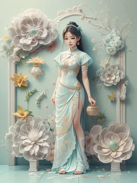 (paper art, quilted paper art, 3d), (full-body shot:1.5), 1 cheongsam woman，shy，slim body，perfect proportions，exquisite hair acc...