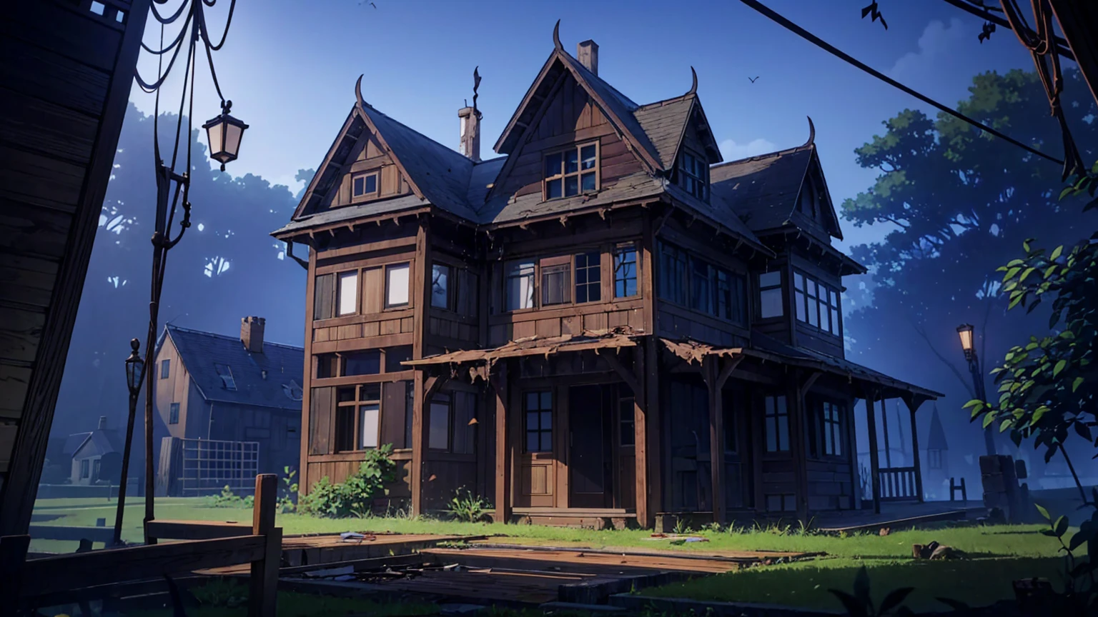 Old abandoned damaged wooden house,masterpiece,game CG,アニメ,Unmanned, No human,background,,,dark, wooden, spider webs, wooden boards, broken windows, big mansion,