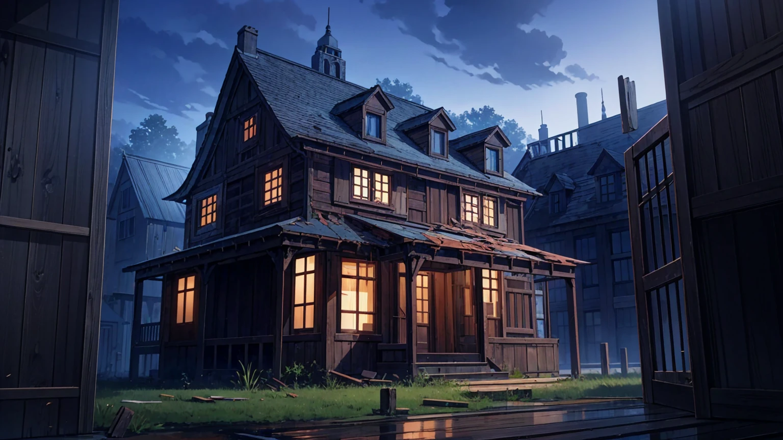 Old abandoned damaged wooden house,masterpiece,game CG,アニメ,Unmanned, No human,background,,,dark, wooden, spider webs, wooden boards, broken windows, big mansion,