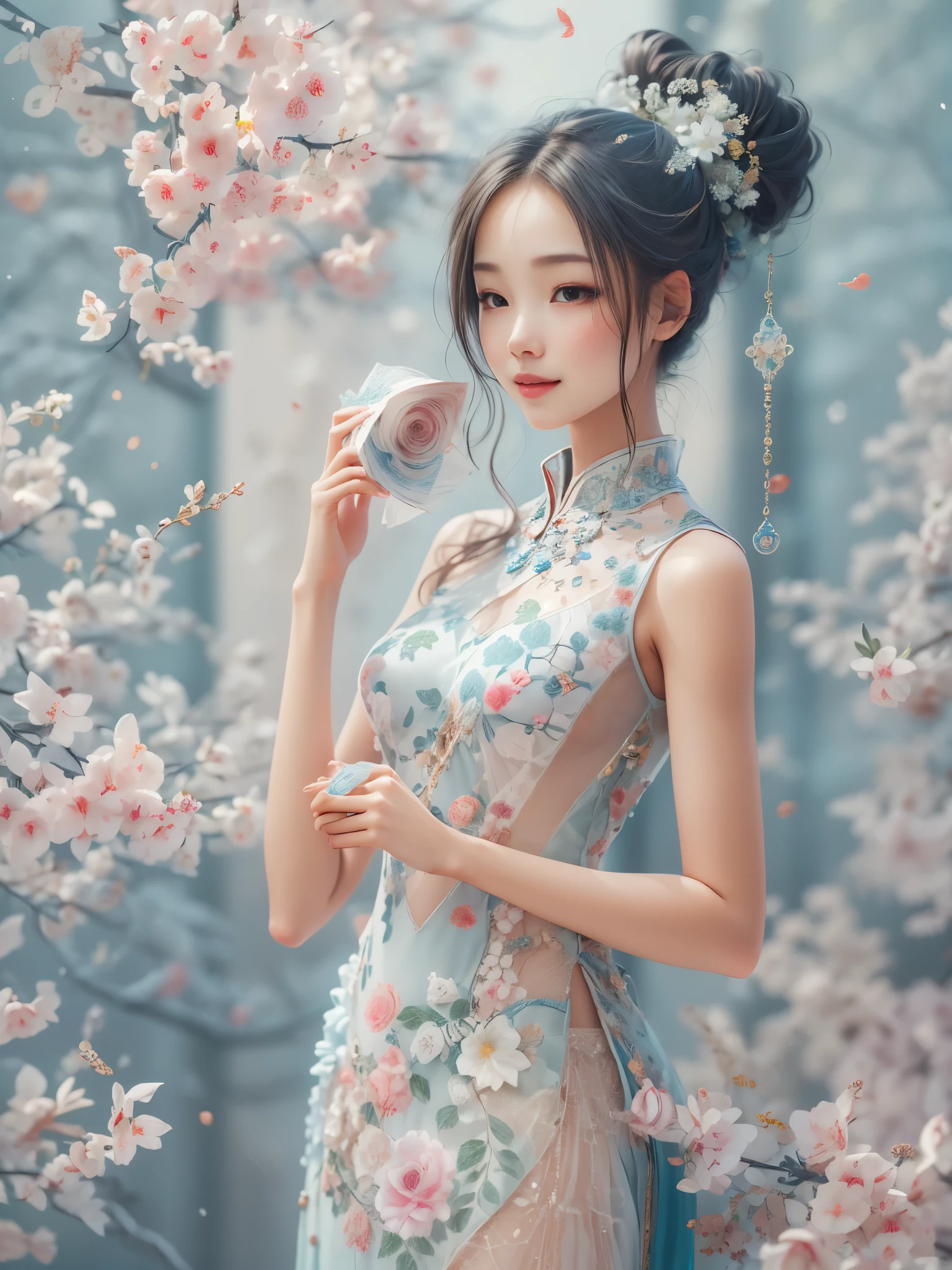 (paper art, Quilted paper art, 3d), (full-body shot:1.5), 1 Cheongsam woman，shy，slim body，Perfect proportions，Exquisite hair accessories，Smile，Oriental elements，Simple background，Mint Green，(Soft lighting，bokeh)，high quality，4K