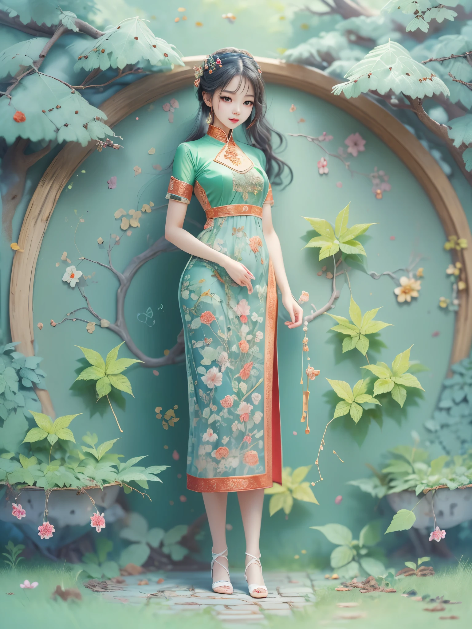 (arte em papel, Quilted arte em papel, 3d), (tiro de corpo inteiro:1.5), 1 mulher Cheongsam，tímido，Corpo fino，Proporções perfeitas，acessórios de cabelo requintados，Sorriso，Elementos orientais，fundo simples，menta verde，(iluminação suave，bokeh)，alta qualidade，4K