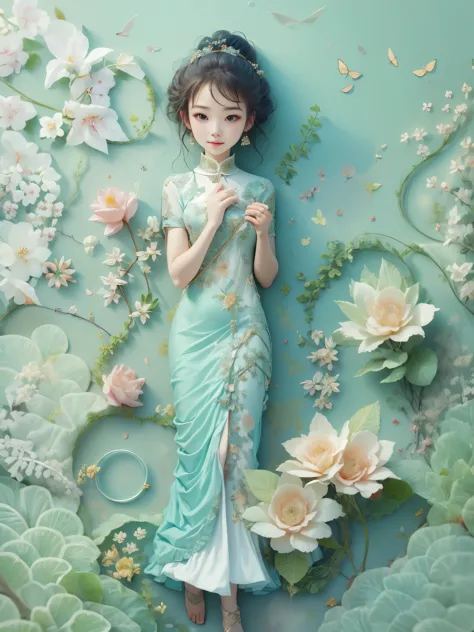 (paper art, Quilted paper art, 3d), (full-body shot:1.5), 1 Cheongsam woman，shy，slim body，Perfect proportions，Exquisite hair acc...