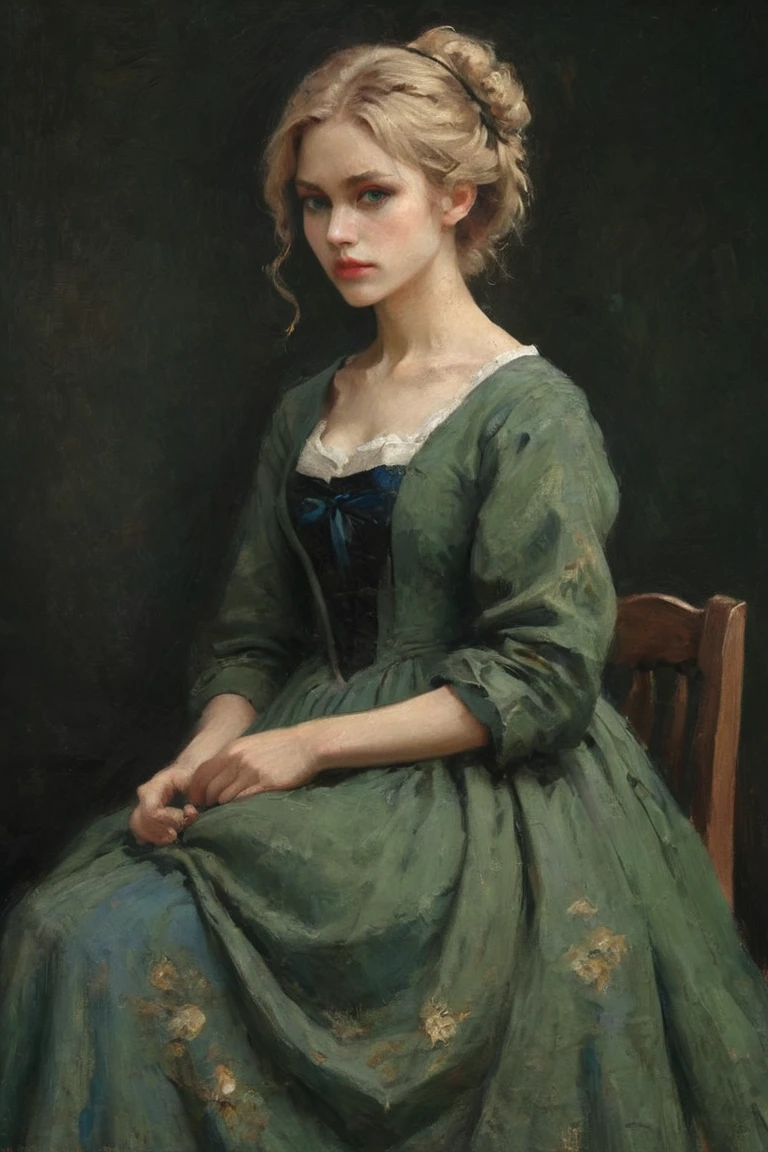 Professional Oil Painting, Official Art, Emotional portrait, 最high quality, high quality, Great quality, masterpiece, Ultra-high resolution,
Vincent Van Gogh-esque break,
Break Artoria Pendragon \(destiny\), Things to know, Very beautiful, elegant, Luscious, Gorgeous, nice, Brave, Courageous, bold, Beautifully detailed face, Beautiful attention to detail, (Green Eyes:1.3), Beautiful blonde hair, Very fine hair, Ahoge, Side Lock, Hair Bun, single Hair Bun, Hair Ribbon, Blue Ribbon, Braiding, Perfect Anatomy, Good move, Perfect hands,
BREAK Empire Waist Wedding Dress, Designed by Becca McCarren Tran and Stanislaw Szukalski,  British charm, British elegance, Relaxed pose, fashionable, Floral, Excalibur,
Breaking the vibrant colors, Fine brushwork, Glazing, Thick brushwork, Dynamic Angle, Depth of written boundary, Gallery-worthy visuals, Artistic depth and dimension,