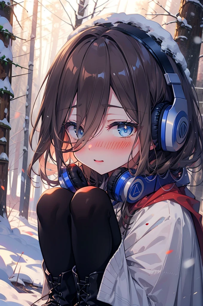 miku nakano, miku nakano, Long Hair, bangs, Brown Hair, shirt, Hair between the eyes, cardigan, Headphones around the neck,smile,blush,White Breath,
Open your mouth,snow,Ground bonfire, Outdoor, boots, snowing, From the side, wood, suitcase, Cape, Blurred, Increase your meals, forest, White handbag, nature,  Squat, Mouth closed, フードed Cape, winter, Written boundary depth, Black shoes, red Cape break looking at viewer, Upper Body, whole body, break Outdoor, forest, nature, break (masterpiece:1.2), Highest quality, High resolution, unity 8k wallpaper, (shape:0.8), (Beautiful and beautiful eyes:1.6), Highly detailed face, Perfect lighting, Highly detailed CG, (Perfect hands, Perfect Anatomy),