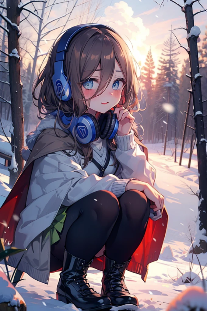 miku nakano, miku nakano, Long Hair, bangs, Brown Hair, shirt, Hair between the eyes, cardigan, Headphones around the neck,smile,blush,White Breath,
Open your mouth,snow,Ground bonfire, Outdoor, boots, snowing, From the side, wood, suitcase, Cape, Blurred, Increase your meals, forest, White handbag, nature,  Squat, Mouth closed, フードed Cape, winter, Written boundary depth, Black shoes, red Cape break looking at viewer, Upper Body, whole body, break Outdoor, forest, nature, break (masterpiece:1.2), Highest quality, High resolution, unity 8k wallpaper, (shape:0.8), (Beautiful and beautiful eyes:1.6), Highly detailed face, Perfect lighting, Highly detailed CG, (Perfect hands, Perfect Anatomy),