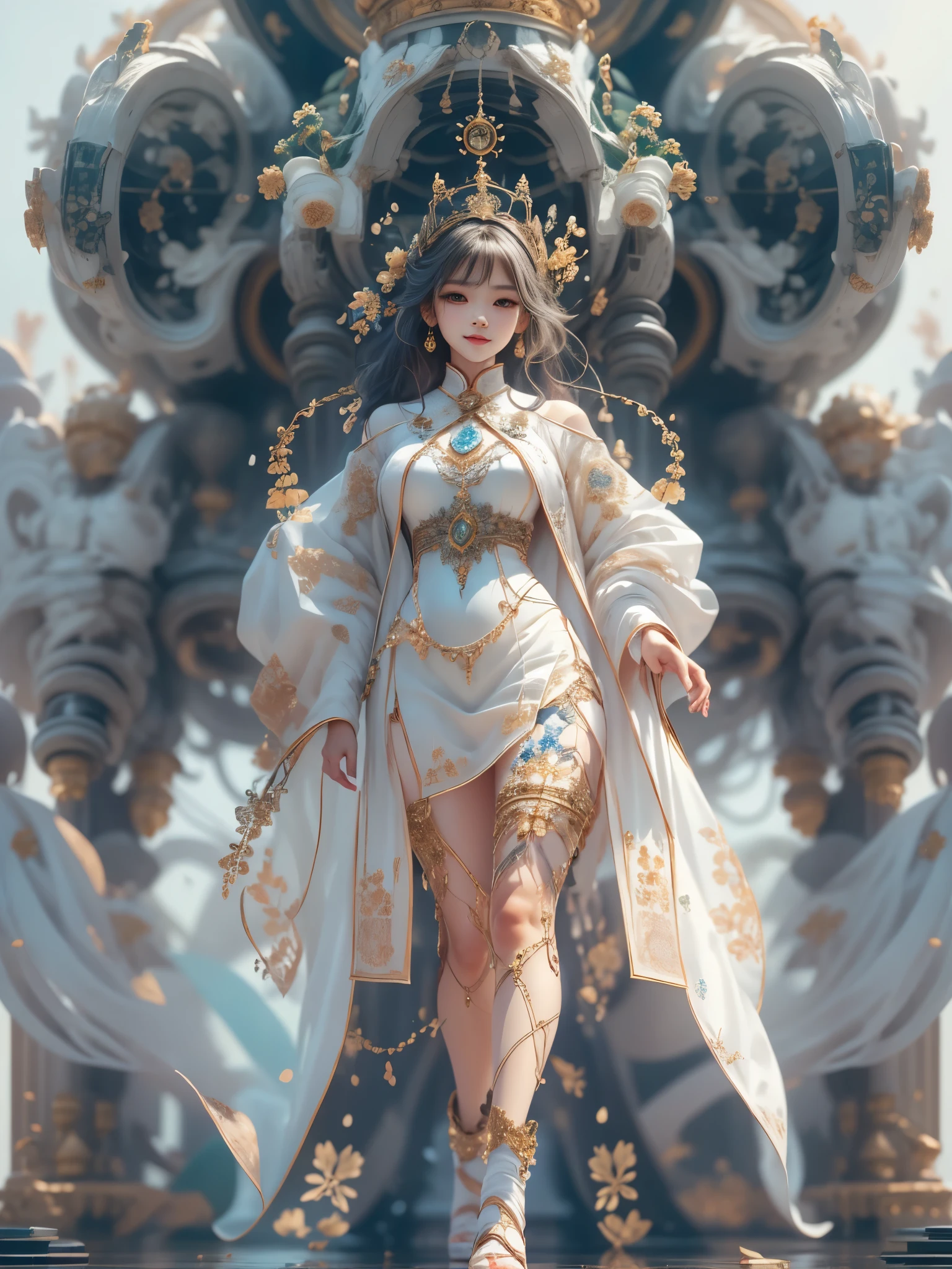 (full-body shot:1.4), Space Art, (1 Cheongsam woman)，whole body，Standing，Transparent robotic arm，slim body，Perfect proportions，Exquisite hair accessories，Smile，Transparent mechanical shoes，Oriental elements，(bokeh)，high quality，4K，3d