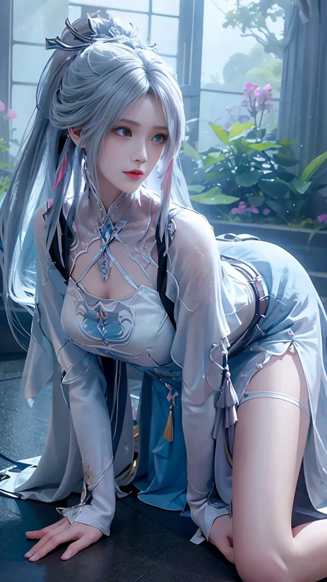 a white hair、Close-up of miss wearing white mask, Beautiful character painting, Gu Weiss, Gurwitz-style artwork, White-haired god, author：Yang Jie, Epic and beautiful character art, Stunning character art, author：Fan Qi, by Wuzhun Shifan, pixiv Art Street Guviz, Single ponytail, insult, High Ponytail, Tall and big, Long legs, (Sleeveless lace shirt), (shorts), (Striped )), ((Striped )), Walk, elegant, dignified, miss, Beautiful curves, sweet smile, Strong sense of detail and layering, color丰富绚丽, Has a unique texture, rich and colorful, color, vivid, Design Art, 16K, Very detailed, {{illustration}}, {Extremely refined}, {Exquisite surface treatment}, Very detailed, Delicate and shining eyes, {{Light}}, 极致Light效果, Model: realism, CFG size: 12, Laura: Bright texture (1.35), high quality, masterpiece, Exquisite facial features, Delicate hair depiction, Detailed depiction of the eyes, masterpiece, best quality, Light線追蹤, Extremely detailed CG unified 8k wallpaper, masterpiece, best quality, (1 girl), 完美miss身材, (((Skinny white T-shirt))), beautiful eyes, (Delicate face), Black short hair, Tie your hair up, Light blue hairpin, Black silk frame glasses, in class, (White skin), (Optimal Lighting), (Super intricate details), 4K Unified, (Very detailed CG), Showing off her white legs, , Hot Pants, shorts,性感Long legs, Thin waist, Sweat is running down my waist, Showing belly, Extremely detailed depiction, Pink Hair, Asymmetrical bangs, Transparent clothes, Hands on thighs, 把目Light移開, 8k resolution, Raise an eyebrow, Shiny hair, flower head, Wristband, bandage，Leather sexy pose, simple grey background, Crawl to the audience, Kitten pose, Get on all fours,