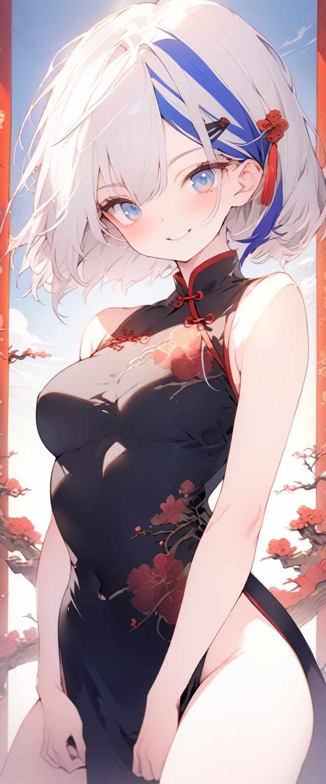 beautiful, masterpiece, Highest quality, anime, One girl, C Cup,Portrait Shot, View your viewers, Intricate details,>,((Covered、Short Hair、nearby、Blue Eyes、art、、White hair,Blue streaked hair、wallpaper、、hairpin、smile、Thighs、Plainer_China dress、Plainer、blue sky、Kung Fu