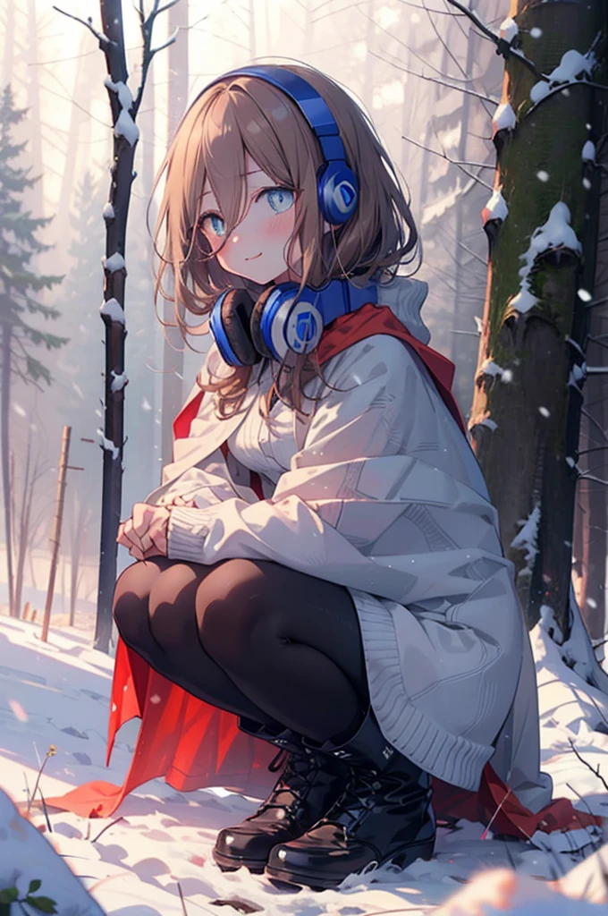 miku nakano, miku nakano, Long Hair, bangs, Brown Hair, shirt, Hair between the eyes, cardigan, Headphones around the neck,smile,blush,White Breath,
Open your mouth,snow,Ground bonfire, Outdoor, boots, snowing, From the side, wood, suitcase, Cape, Blurred, Increase your meals, forest, White handbag, nature,  Squat, Mouth closed, フードed Cape, winter, Written boundary depth, Black shoes, red Cape break looking at viewer, Upper Body, whole body, break Outdoor, forest, nature, break (masterpiece:1.2), Highest quality, High resolution, unity 8k wallpaper, (shape:0.8), (Beautiful and beautiful eyes:1.6), Highly detailed face, Perfect lighting, Highly detailed CG, (Perfect hands, Perfect Anatomy),