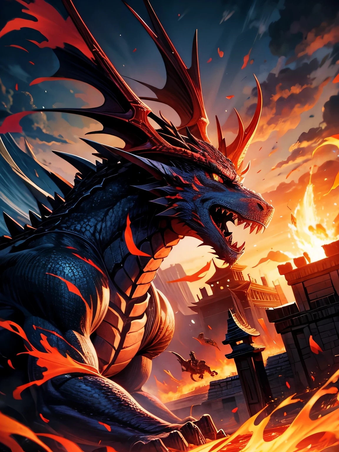 Picture a giant dragon destroying an ancient city.。The dragon blew red-hot flames、Ancient structures and towers are collapsing。The townsfolk are fleeing in despair.。The dragon&#39;s appearance is legendary、The scales reflect the light、Feathers cover the sky。