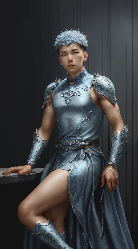 un primer plano de un joven con un vestido plateado y azul, sartén chengwei en artstation, by Yang J, arte de fantasía detallado, impresionante arte de personajes, fanart mejor estación de arte, Arte de personajes exquisito y épico., hermosa armadura, germen artístico extremadamente detallado, arte de anime digital detallado, artgerm en artstation pixiv, hombre armado 