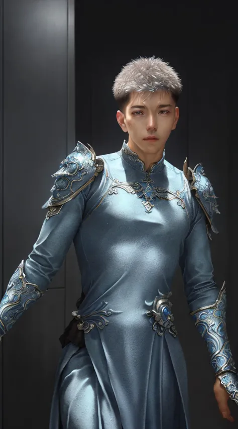 a close up of a young man in a silver and blue dress, chengwei pan on artstation, by Yang J, detailed fantasy art, stunning char...