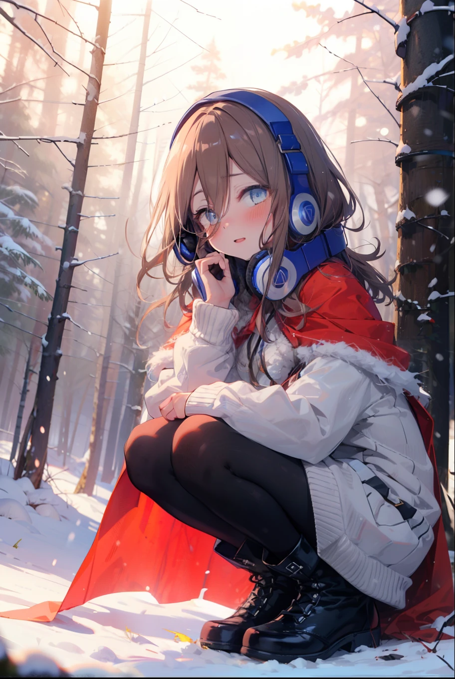 miku nakano, miku nakano, Long Hair, bangs, Brown Hair, shirt, Hair between the eyes, cardigan, Headphones around the neck,smile,blush,White Breath,
Open your mouth,snow,Ground bonfire, Outdoor, boots, snowing, From the side, wood, suitcase, Cape, Blurred, Increase your meals, forest, White handbag, nature,  Squat, Mouth closed, フードed Cape, winter, Written boundary depth, Black shoes, red Cape break looking at viewer, Upper Body, whole body, break Outdoor, forest, nature, break (masterpiece:1.2), Highest quality, High resolution, unity 8k wallpaper, (shape:0.8), (Beautiful and beautiful eyes:1.6), Highly detailed face, Perfect lighting, Highly detailed CG, (Perfect hands, Perfect Anatomy),
